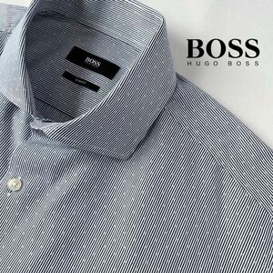 (美品) ヒューゴ ボス HUGO BOSS ワイドカラー ストライプ ドット 長袖 シャツ 39 15 1/2 (日本M) ネイビー ホワイト ドレスシャツ 