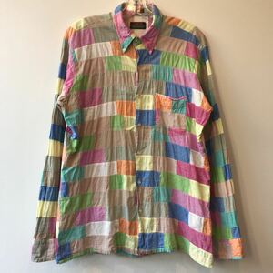 90's USA製 CLEVE クリーブ パッチワーク シャンブレー ボタンダウン シャツ LARGE ビンテージ BDシャツ 90年代