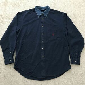 90s USA製 nautica ノーティカ 襟切替 刺繍ロゴ 2トーン ボタンダウン シャツ BDシャツ LARGE ネイビー 襟デニム 長袖シャツ ビンテージ