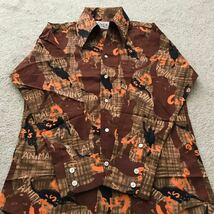 美品 70s 国産ビンテージ YOUNG ACE MORITOSHI CAT'S EYE キャッアイ 総柄 長袖 シャツ 猫 アニマル柄 L/S SHIRT ブラウン系_画像7