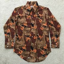 美品 70s 国産ビンテージ YOUNG ACE MORITOSHI CAT'S EYE キャッアイ 総柄 長袖 シャツ 猫 アニマル柄 L/S SHIRT ブラウン系_画像1