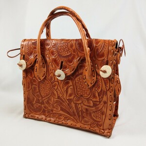 [ free shipping ] leather Carving sculpture handbag original leather handicraft Camel flower botanikaru pattern 