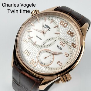 【未使用】Charles Vogele シャルルホーゲル デュアルタイム ツインタイム メンズ 腕時計 本革 ゴールド×ブラウン クオーツ 稼働品