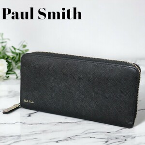 1円 極美品 Paul Smith ポールスミス 長財布 ラウンドジップ メンズ ジップストローグレイン2 黒 ブラック レザー 本革 マルチストライプ