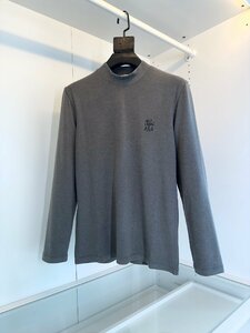 Brunello Cucinelli ブルネロクチネリ　メンズ トレーナー カシュクール T-シャツ 長袖 丸首 フリース グレー M ロゴ刺繍 秋冬 保温服