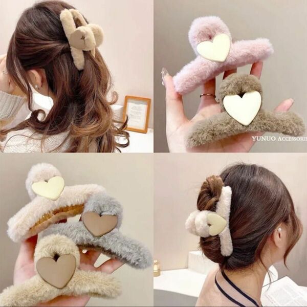 【ラストSALE】ヘアクリップ ヘアアクセサリー ハート 茶 ふわモコ ポニーテール