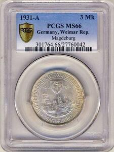 ●ドイツ(ワイマール共和国) 1931年A PCGS MS66 マクデブルク 再建300周年記念 3レイヒスマルク銀貨★