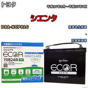 国産 バッテリー GSユアサ ECO.R HIGH CLASS トヨタ シエンタ DBA-NCP81G 平成17年8月～平成27年7月 EC70B24RHC