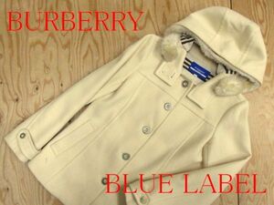 ★バーバリー Burberry ブルーレーベル★レディース フェイクファーフーディ ウールショートコート 裏ノバチェック★R60310030A