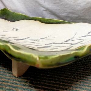 【NK808】玉山窯 玉置保夫 織部焼 部鷺絵 焼物皿 サギ 大皿 幅約48.5cm 角皿 美濃 長方皿の画像6