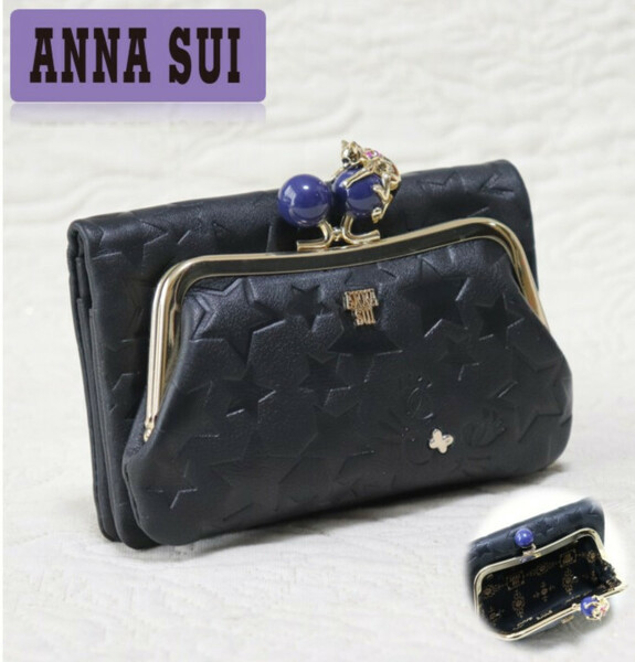 新品タグ付き【ANNA SUI アナスイ】プレイングキャット ねこ口金 がま口折り財布 黒 v4705