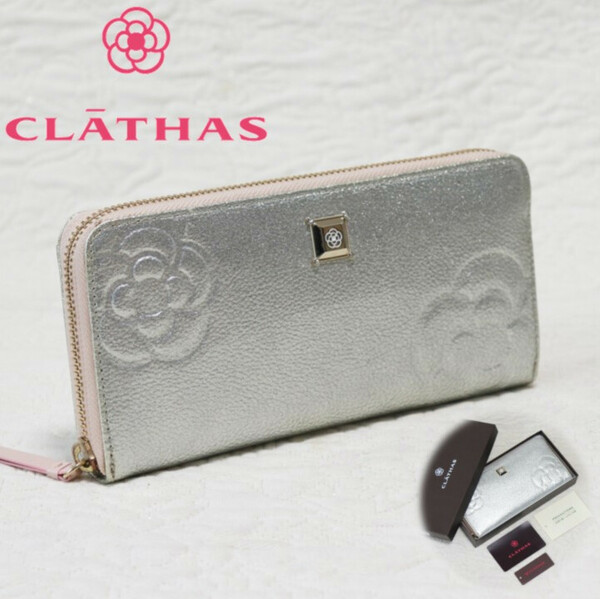 新品箱付き【CLATHAS クレイサス】マリーゴールド カメリア ラウンドファスナー長財布 シルバー v4692