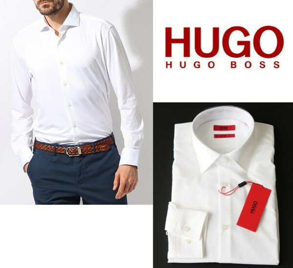 22,000円新品タグ付き【HUGO BOSS ヒューゴボス】SLIM FIT レギュラーカラー 長袖ドレスシャツ ワイシャツ 白無地 39(M) v4747-5511