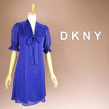 半額セール★新品 DKNY 8/13号 ダナキャラン 青 リボンタイ ストライプ Aライン ワンピース パーティドレス 半袖 結婚式 二次会 輝46JJ3008_画像1