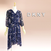 半額セール★新品 DKNY 2/7号～9号 ダナキャラン 紺 ピンク 青 花柄 シフォン ワンピース パーティドレス 結婚式 二次会 慶華49JJ0904_画像1