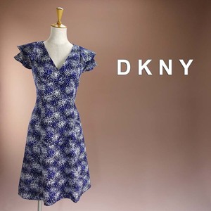 新品 DKNY 8/13号 ダナキャラン 黒 青 白 ドット柄 Vネック Aライン ワンピース パーティドレス 結婚式二次会 フォーマル 発表会 輝25Y0612