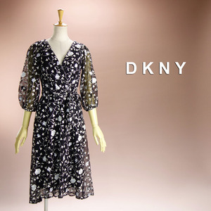 新品 DKNY 6/11号 ダナキャラン 黒 白 花柄 刺繍 ワンピース パーティドレス 長袖 結婚式 二次会 披露宴 フォーマル お呼ばれ 華38Y1105