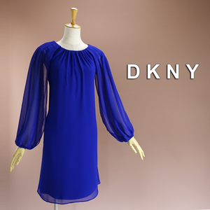 新品 DKNY 6/11号～13号 ダナキャラン 紺 青 シフォン ワンピース パーティドレス 長袖 結婚式 二次会 フォーマル お呼ばれ 華輝42Y1201