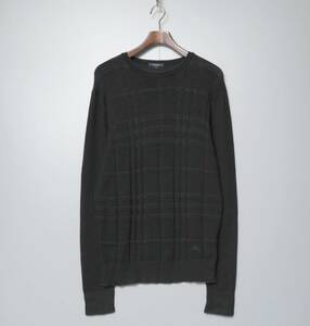 TG3508▽バーバリー/BURBERRY LONDON メンズL ウール チェック柄 クルーネック ニットセーター ブラック系