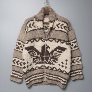 TH2032□カナダ製*Cowichan Indian Knit*サンダーバード柄*ウールニット*ローゲージ*ジップアップカーディガン/カウチンセーター*メンズ