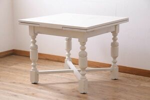 R-045218　アンティーク家具　イギリスアンティーク　白いペイントのドローリーフテーブル(エクステンションテーブル、ダイニングテーブル)
