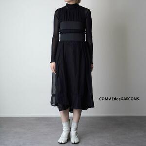 極美品 COMMEdesGARCONS コムデギャルソン シアーワンピース マキシ丈 ベルトドッキング ノースリーブ ドレスワンピ 変形 Aライン 黒