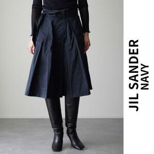 JIL SANDER NAVY ジルサンダー プリーツ ラップスカート 巻きスカート 膝下 フレアライン 光沢素材 ウエストリボン 34