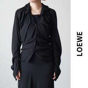 美品 LOEWE ロエベ シャツブラウス ギャザーカラー 変形シャツ レーヨン ポインティドスリーブ サイズ32 ブラック フォーマル