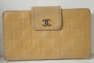 USED 使用感あり シャネル レザー 二つ折り財布 アイコン 総柄 イエロー 2005 Made in Italy CHANEL イタリア製 ウォレット