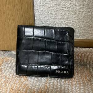 PRADA プラダ 二つ折り財布 クロコ シルバーロゴ レザー ブラック 