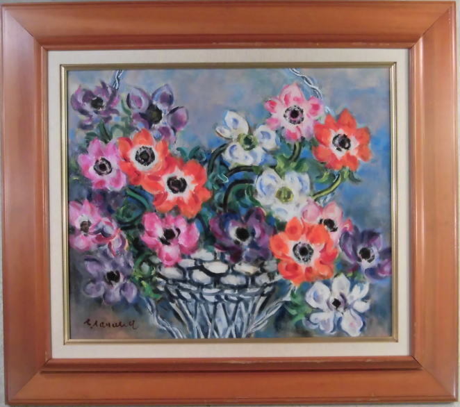F8 Oil painting by Shozo Tanaka Anemone Guaranteed to be genuine, signed by hand, Framed 56 x 63 cm, Member of Issuikai, Artist at Gallery Nichido, Hokkaido Prefectural Commissioner's Award, Teacher: Hirosuke Tazaki, No. 100, 000 yen, Painting, Oil painting, Still life
