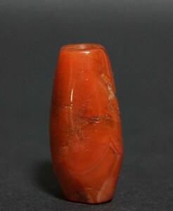 【寂】古代メノウ赤瑪瑙 南紅棗形 根付 緒締玉 提げ物 装飾品 美しい石目 長さ24.6mm☆時代物☆s60304