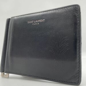 1円 ●美品●SAINT LAURENT サンローラン レザー マネークリップ 財布 ウォレット カード入れ カードケース ブラック系 メンズ 