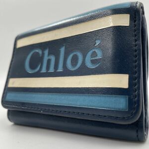 1円 Chloe クロエ 3つ折り財布 VICK ヴィック ロゴ ストライプ レザー コンパクト ウォレット ブルー系