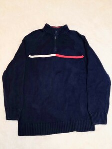 トミーヒルフィガー TOMMY HILFIGER ニット セーター メンズ 長袖 ハーフジップ 紺 ネイビー XLサイズ ロゴ 古着 良品