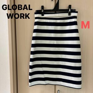 【GLOBAL WORK】(USED)ボーダー ひざ丈タイトスカート Mサイズ グローバル ワークスカート 白×紺