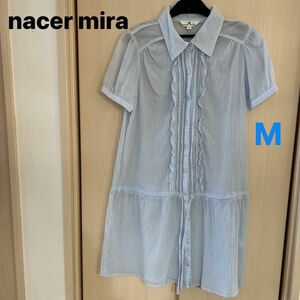 【nacer mira】(USED)マタニティ 水色 透け素材 半袖 チュニック Mサイズ 綿100％ シャツチュニック フリル