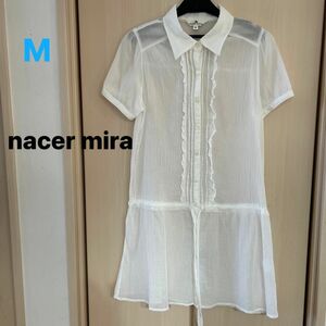 【nacer mira】(USED)マタニティ 白 透け素材 半袖 チュニック Mサイズ 綿100％ シャツチュニック フリル