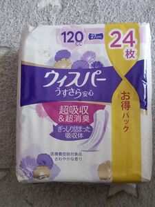 格安☆ウィスパー うすさら安心 超吸収&超消臭 さわやかな香り 120cc 27cm 24枚 お得パック 薄い尿モレパッドナプキン