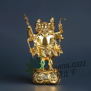 「密教法具 寺院用仏具」極上品 三面出世大黒天 芸術品 置物 真鍮製 金メッキ仕上げ 高さ12cm