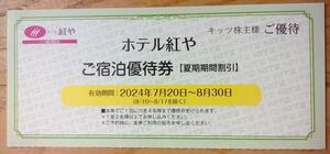 キッツ 株主優待 ホテル紅や 夏季期間割引券 (2024.8迄) 送料63円