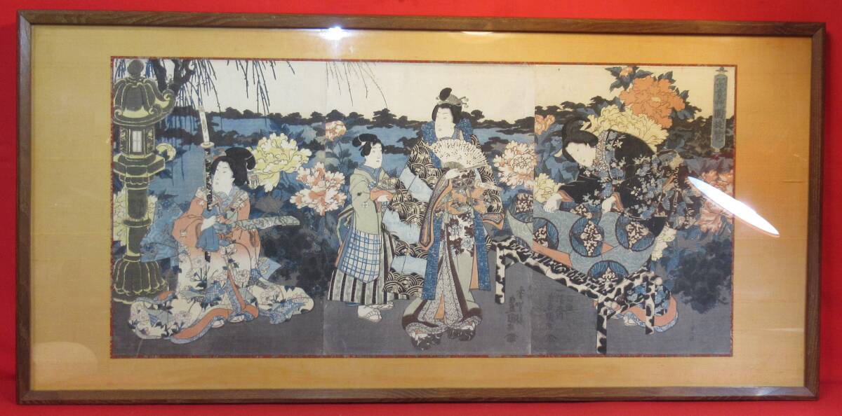 عمل أصلي طباعة Ukiyo-e الأصلية سلسلة مكونة من 3 قطع Genji-e Kochoro Toyokuni (Ichiyosai Toyokuni) طباعة Fuki-kusa Yuran Edo (مطفي: 72, 5×34, 5 سم) (الإطار: 93 × 45 سم), تلوين, أوكييو إي, مطبوعات, آحرون