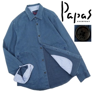 【B2943】【美品】【インディゴ染め】Papas パパス 長袖シャツ チェック サイズM/48