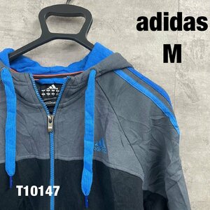 adidas ブラック グレー ジップアップ フーディー フード パーカー M 長袖 刺繍ロゴ サイドポケット 裏起毛 USA 海外輸入 古着 T10147