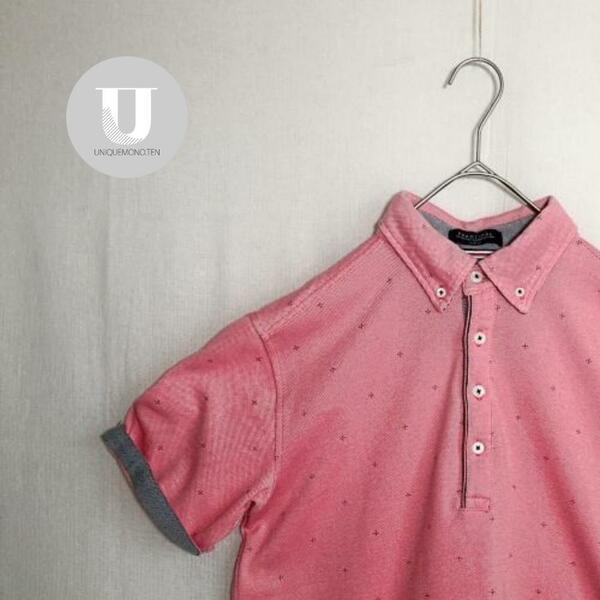 ＼トップス／ポロシャツ　半袖　ピンク　古着　L ハーフボタン　襟 メンズ