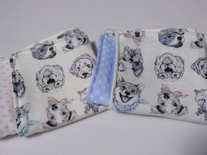 新生活応援handmade4重ガーゼハンカチ2枚 20x20cm おしゃれ可愛い ワンコ 犬のお顔柄 ピンク 水色 水玉柄 トーションレース付き