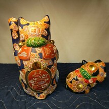 まとめて 九谷焼 招き猫 オールドタイプ 置物 紺茶盛　高さ約26cm　高さ約11cm　ま_画像3