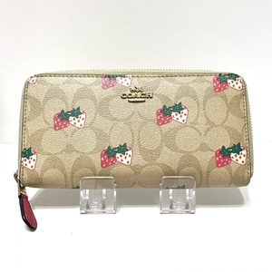 コーチ COACH 長財布 F98126 シグネチャー柄 PVC(塩化ビニール)×レザー ベージュ×ピンク×マルチ 財布