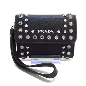 プラダ PRADA カードケース 1M1442 - サフイアーノボルチ(レザー) 黒 ラインストーン/スタッズ 美品 財布
