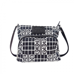アナスイ ANNA SUI ショルダーバッグ - ナイロン×エナメル（合皮） 黒×白 チェック柄/バラ 美品 バッグ
